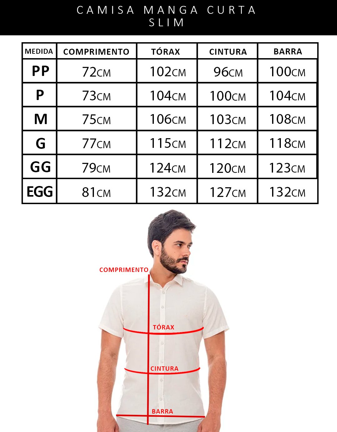 Tabela de Medidas 1080x1328p   Camisa Manga Curta