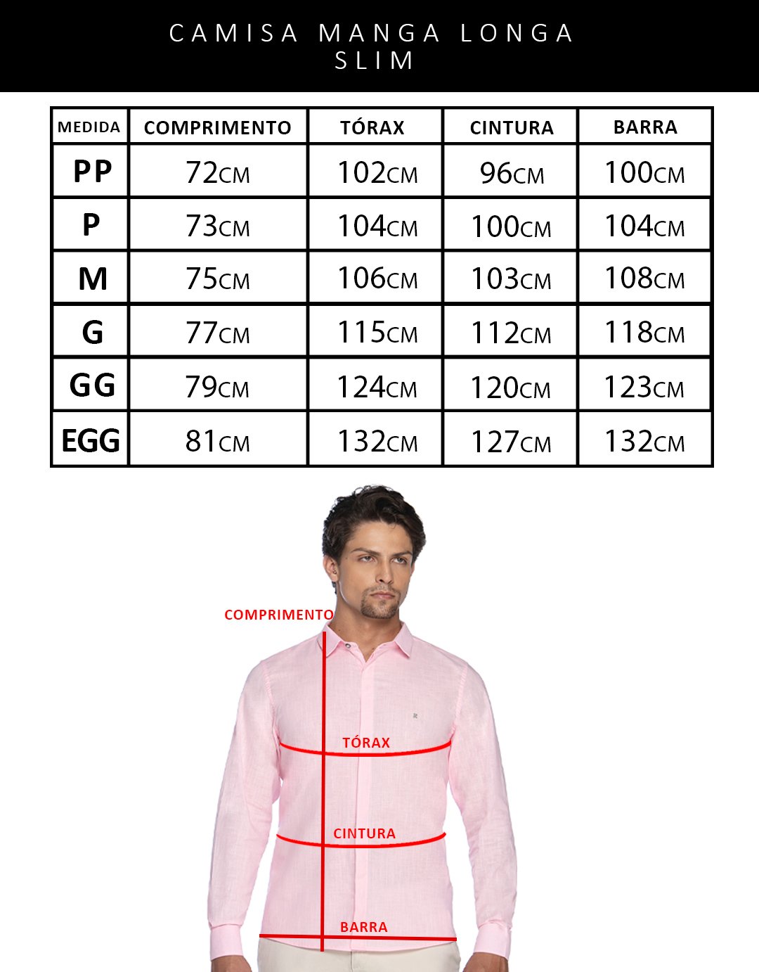 Tabela de Medidas 1080x1328p Camisa Manga Longa