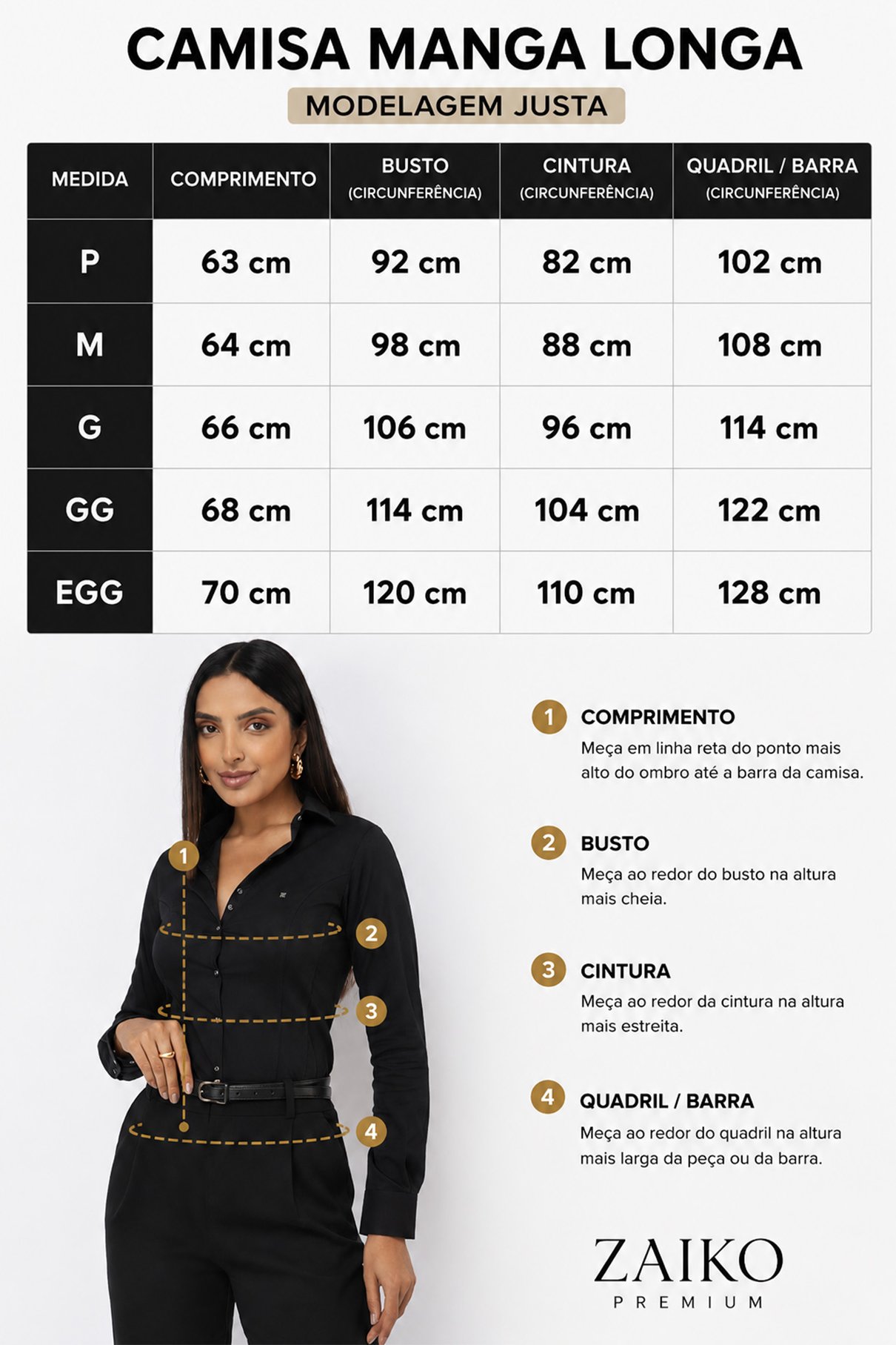 06 camisa classica premium manga longa feminina preto zaiko