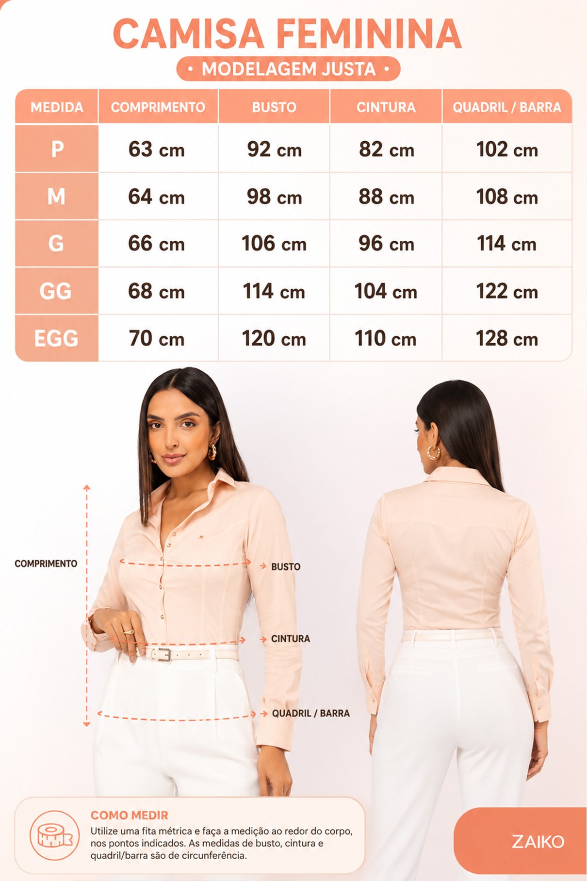 01 camisa office premium manga longa feminina salmao zaiko