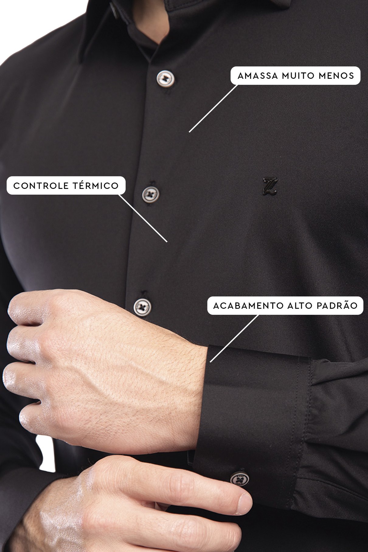 03 camisa social ultra tech masculina slim manga longa preto zaiko
